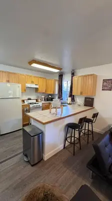 a kitchen with a white refrigerator and a counter at Cozy Mountain Guest house in Pine Valley