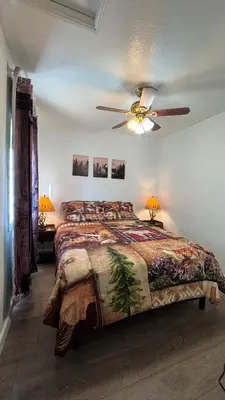 a bedroom with a bed and a ceiling fan at Cozy Mountain Guest house in Pine Valley