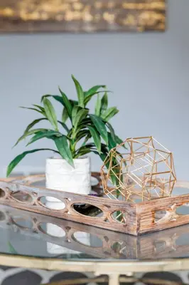 a table with a plant and a gold geometric container at Creative Haven Chic 3-Bedroom with Artistic Touches in San Diego