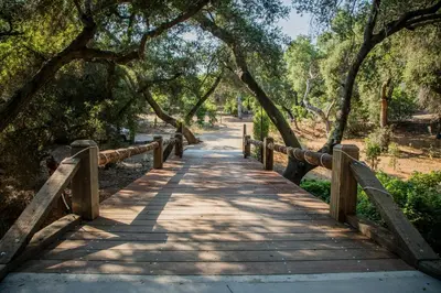 a wooden bridge in a park with trees at Historic Farmhouse on 5 Peaceful Acres with Ancient Oaks & Creek above Temecula in Temecula