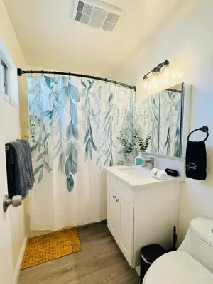 a bathroom with a shower curtain with a toilet and a sink at Pet friendly Spacious 3Bed with HUGE Back Yard in San Diego