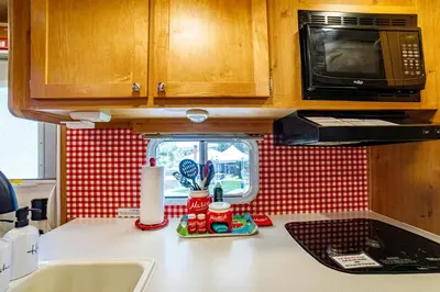 a kitchen counter with a sink and a microwave at Darling Daisy Retro RV Adventure in El Cajon