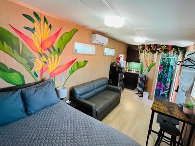 a bedroom with a bed and a couch in a room at Bird of Paradise Retreat with stunning mountain views in El Cajon