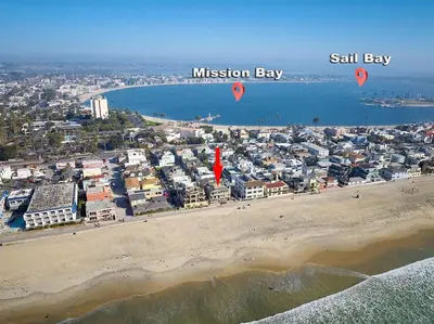 a view of a beach with two kites in the sky at Ocean Front Walk in San Diego