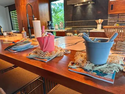 a kitchen counter with noodles and a bucket on it at Laguna Beach Best Kept Secret Complete Ocean View in Laguna Beach
