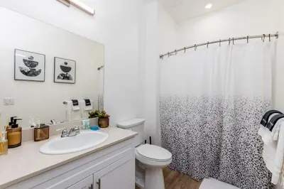 a bathroom with a sink and a shower curtain at Artistic FastWiFi Parking Pets in San Diego