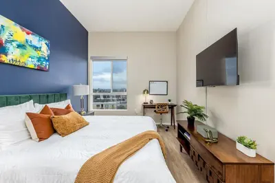 a bedroom with a large bed and a television at Artistic FastWiFi Parking Pets in San Diego
