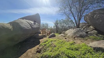 a bird sitting on top of a rock at A Cozy Fireside Glamping Escape with Ridge Views in Fallbrook