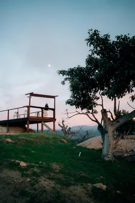 a person sitting on a platform on a hill with a tree at A Cozy Fireside Glamping Escape with Ridge Views in Fallbrook