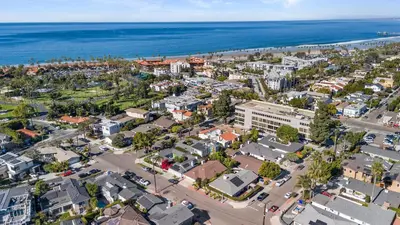 an aerial view of a city and the ocean at Classic Cottage in the Heart of La Jolla Shores in San Diego