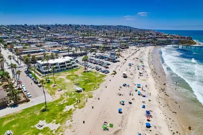 an overhead view of a beach with people and umbrellas at Ocean Park 08 in San Diego