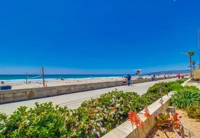 a sidewalk next to a beach with the ocean at Surf Rider D in San Diego