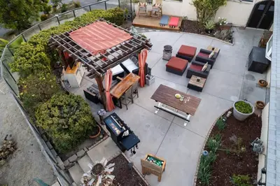 an overhead view of a patio with a table and benches at Mountain Majesty with AC BBQ Parking in Lemon Grove