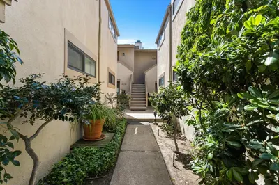 a walkway between two buildings with plants at Pacific Perch - SUR115S in Solana Beach