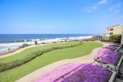 a walkway to the beach with purple flowers at Pacific Perch - SUR115S in Solana Beach