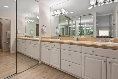 a bathroom with three sinks and two mirrors at Barefoot Oasis - SUR127 in Solana Beach