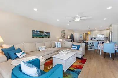 a living room with a couch and a table at Beachfront Bliss - DMBC815 in Solana Beach