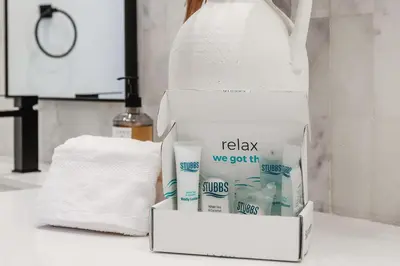 a box of toiletries sitting on a counter in a bathroom at Ocean Whisper - SBTC238 in Solana Beach