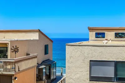 two dogs sitting on the ledge of a building overlooking the ocean at Ocean Whisper - SBTC238 in Solana Beach