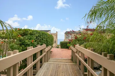 a wooden walkway leading to a house with flowers at Dolphin View - SUR43 in Solana Beach