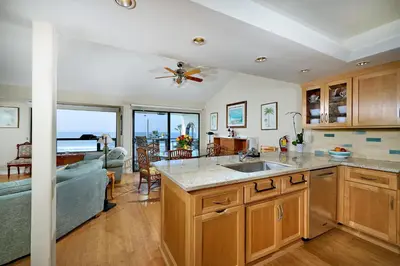 a kitchen and living room with a view of the ocean at Coastal Luxury with Panoramic Ocean View in Oceanside