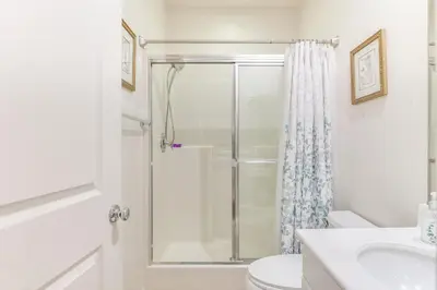 a bathroom with a shower and a toilet and a sink at 14 Mi to Old Town Temecula Luxe Fallbrook Home! in Fallbrook