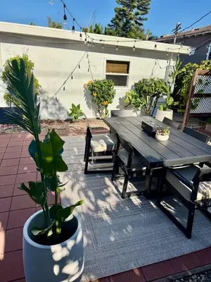 a wooden table and a potted plant on a patio at Carlsbad Beach Bungalow in Carlsbad