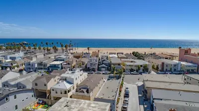 an aerial view of a city and the beach at Balboa Peninsula Beach House Fireplace Bikes in Newport Beach