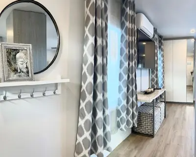 a bathroom with a mirror and a shower curtain at Stunning Ocean Beach Gem - has everything! in San Diego