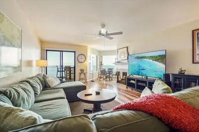a living room with a couch and a flat screen tv at SurfSong Dream - Beachfront in Solana Beach