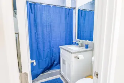 a bathroom with a blue shower curtain and a sink at 2BR Retreat Near Balboa Park in San Diego