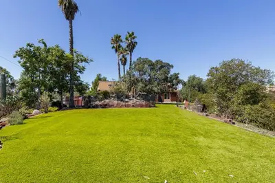 a large lawn with palm trees and a house at San Diego Getaway, Views Pool Hot Tub & Game Room in Valley Center