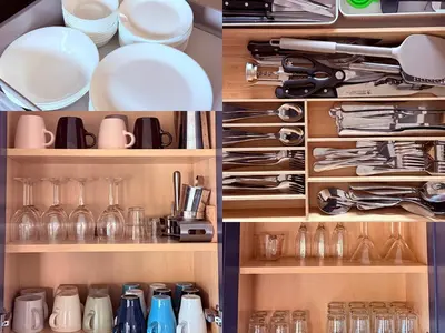 a kitchen organizer with plates and utensils at Modern Retro Close to DT, Zoo, Parking, Hot Tub in San Diego
