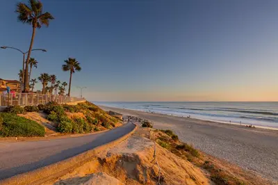 a road leading to a beach with palm trees and the ocean at 3690 Carlsbad Boulevard - Unit D in Carlsbad