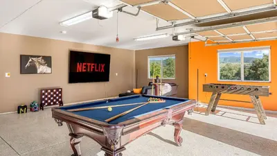 a game room with a pool table and a table at Temecula Wine Country Home w Pool Hot Tub Game Room Vineyard Views in Country Road Estates