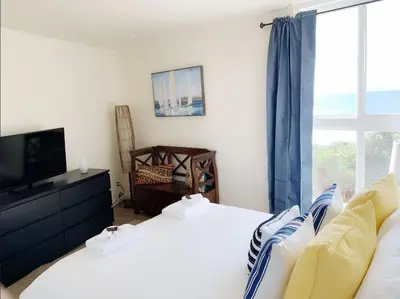 a bedroom with a bed and a tv and a window at Sunset Cliffs Oceanfront Oasis, San Diego - Stunning Views & Ocean Sounds in San Diego