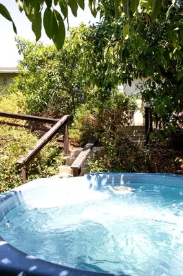 a hot tub in a yard with a tree at Pet Friendly Breathtaking Cottage with Great Views and Hot-tub in Rainbow, California in Fallbrook