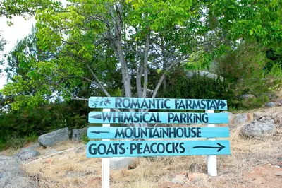 a sign with arrows on it in front of a tree at Pet Friendly Fantastic Cottage with Hot-tub in Rainbow, California in Fallbrook