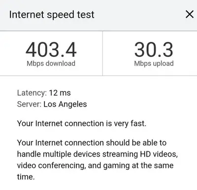 a screenshot of a cell phone with an internet speed test at Pet Friendly Breathtaking Cottage with Hot-tub in Rainbow, California in Fallbrook