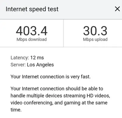 a screenshot of a cell phone with an internet speed test at Pet Friendly Breathtaking Cottage with Hot-tub in Rainbow, California in Fallbrook