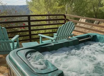 two chairs and a hot tub on a deck with snow at Pet Friendly Breathtaking Cottage with Hot-tub in Rainbow, California in Fallbrook