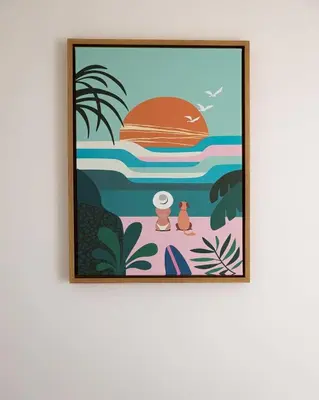 a framed painting of a beach with a cat on the beach at 2BD Sashas Bungalow Beach Vibes 1 Block Away in San Diego