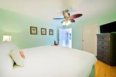 a bedroom with a white bed and a ceiling fan at Ocean Views Walk to the Beach with King Suite in Encinitas