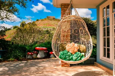 a hanging basket filled with succulents on a porch at Enchanted Estate With Animals Lightscapes and Whimsy in Bonsall