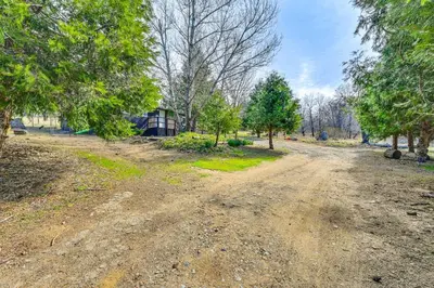 a dirt road with trees and a house in the background at Near Hiking and Mtn Biking Cozy Cabin in Mt Laguna! in Mount Laguna