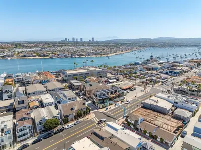 an aerial view of a city with a harbor at Seas the Fun in Newport Beach