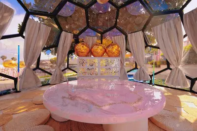 a pink table with some apples on top of it at Casa de Bloom Venue - Your Perfect Event Space in San Diego