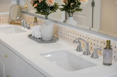 a bathroom counter with two sinks and a mirror at Modern Elegant Designer Home in Irvine in Irvine