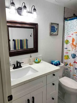 a bathroom with a sink and a toilet and a mirror at Tropical retreat for whole family Fresh eggs Made to Entertain in Carlsbad