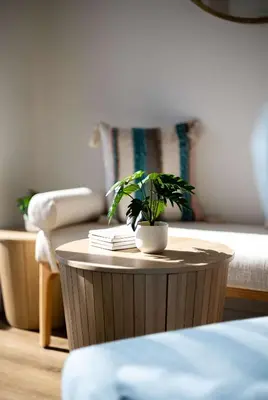a small table with a plant on it in a room at Walk to the Beach & Pier Ocean View Roof Deck in Oceanside